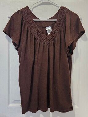 Just My Size Chocolate Brown V-Neck Flutter Sleeve Blouse